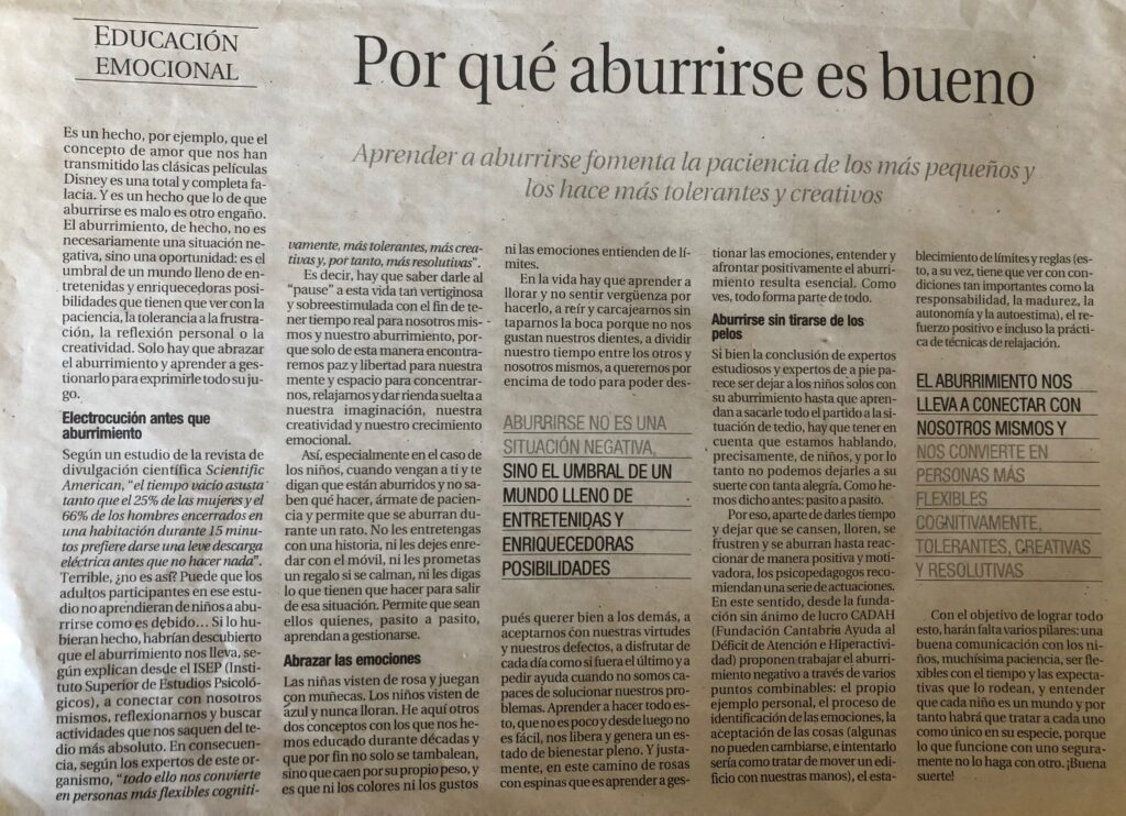 Artículo Diario de Navarra con el tiltular "¿Por qué aburrirse es bueno?